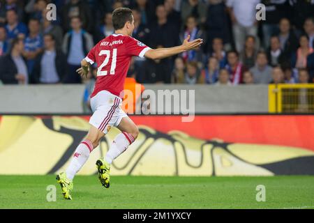 L'Ander Herrera di Manchester festeggia dopo aver segnato la partita di calcio tra il Club Brugge KV e il club britannico Manchester United FC di Brugge, mercoledì 26 agosto 2015, il ritorno dei play-off del concorso UEFA Champions League. Il Manchester United ha vinto la prima tappa 3-1. Foto Stock