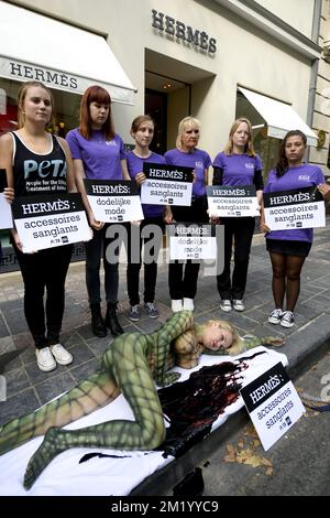 Lesley-Ann Poppe ha illustrato durante un evento di Gaia, organizzazione per il benessere degli animali e attivisti per i diritti degli animali di Peta, contro gli animali che soffrono di fronte al negozio di lusso Hermes a Bruxelles, mercoledì 09 settembre 2015. Foto Stock