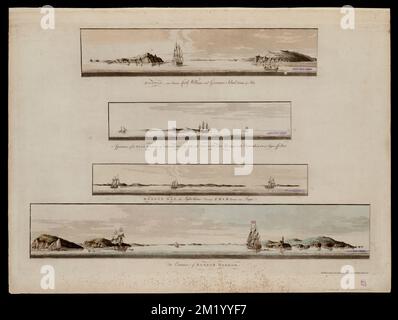 Boston, vista tra Castle Williams e Governor's Island, distante 4 miglia : apparizione delle alte terre di Agameticus, N.E. con Penobscot Hills, a est, a 3 a 4 campionati off shore; Boston Bay, la casa di luce che porta N.W.b.W distante un campionato; L'ingresso del porto di Boston, la Messa del porto di Boston, opere pittoriche, prime opere di Norman B. Leventhal Map Center Collection del 1800 Foto Stock