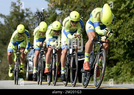 20150920 - RICHMOND, STATI UNITI: I piloti Tinkoff-Saxo sono stati fotografati durante la gara di prova a tempo di squadra ai campionati mondiali di ciclismo UCI Road a Richmond, Virginia, Stati Uniti, domenica 20 settembre 2015. Foto Stock