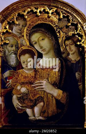 La Madonna col Bambino fra i santi Giovanni Evangelista, jacopo e due Angeli, - la Madonna col Bambino con i Santi Giovanni Evangelista, Giacobbe e due Angeli, Arte cristiana, Italia, Italiano. Foto Stock