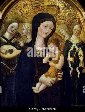 La Madonna col Bambino con quattro angeli pittore senese vicino a Francesco Martini e Neroccio di Bartolomeo Landi Siena Arte cristiana, Italia. Foto Stock