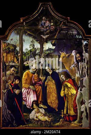 Presepe con San Bernardino e San Tommaso d'Aquino 1475 di Francesco di Giorgio Martini (1439–1501) Arte cristiana, Italia, Italiano. ( Dettaglio ) Adorazione , Natività di Gesù, Pastori , testimoni della nascita , Gesù a Betlemme, Natale, Notte Santa, Foto Stock