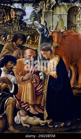 Presepe con San Bernardino e San Tommaso d'Aquino 1475 di Francesco di Giorgio Martini (1439–1501) Arte cristiana, Italia, Italiano. ( Dettaglio ) Adorazione , Natività di Gesù, Pastori , testimoni della nascita , Gesù a Betlemme, Natale, Notte Santa, Foto Stock