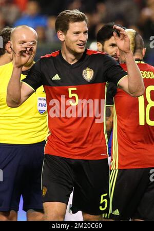 20151113 - BRUXELLES, BELGIO: I gesti belgi di Jan Vertonghen durante una amichevole partita di calcio tra la nazionale belga Red Devils e l'Italia, a Bruxelles, venerdì 13 novembre 2015, una partita in preparazione del Campionato europeo Euro2016. BELGA PHOTO VIRGINIE LEFOUR Foto Stock