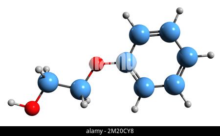 3D immagine della formula scheletrica fenossietanolo - struttura chimica molecolare dell'etere monofenilico del glicole etilenico isolato su sfondo bianco Foto Stock