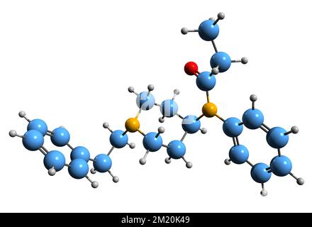 3D immagine di fentanil formula scheletrica - struttura chimica molecolare di oppioidi sintetici isolati su sfondo bianco Foto Stock