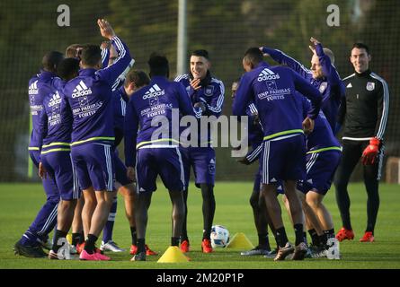 20160107 - LA MANGA, SPAGNA: Matias Suarez di Anderlecht nella foto durante il terzo giorno del campo di allenamento invernale della squadra di calcio belga di prima divisione RSC Anderlecht, a la Manga, Spagna, giovedì 07 gennaio 2016. BELGA PHOTO VIRGINIE LEFOUR Foto Stock