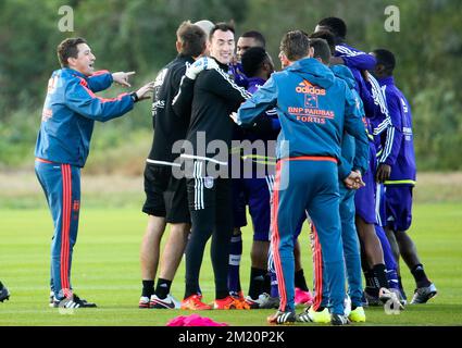 20160107 - LA MANGA, SPAGNA: L'allenatore capo di Anderlecht Besnik HASI gesti durante il terzo giorno del campo di allenamento invernale della squadra di calcio belga di prima divisione RSC Anderlecht, a la Manga, Spagna, giovedì 07 gennaio 2016. BELGA PHOTO VIRGINIE LEFOUR Foto Stock