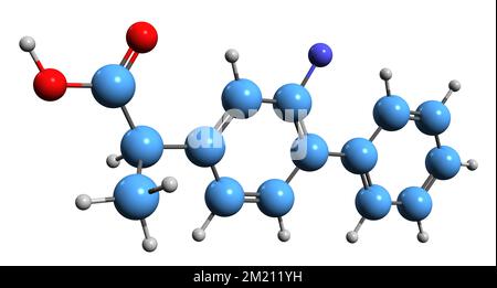 3D immagine di Flurbiprofen formula scheletrica - struttura chimica molecolare di farmaco antinfiammatorio non steroideo isolato su sfondo bianco Foto Stock