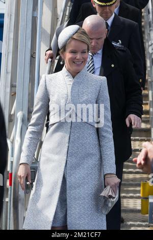 La regina Mathilde del Belgio ha raffigurato durante la cerimonia di lancio di una nuova nave da dragaggio del gruppo Jan De Nul a Oostende, giovedì 28 aprile 2016. Foto Stock