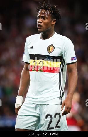 Michy Batshuayi, in Belgio, ha fatto una foto durante una partita di calcio tra la nazionale belga Red Devils e l'Ungheria, nel round del 16 dei Campionati europei UEFA euro 2016, domenica 26 giugno 2016, a Tolosa, Francia. Foto Stock