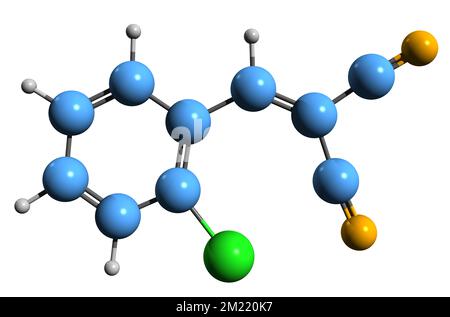 3D immagine della formula scheletrica del gas CS - struttura chimica molecolare del 2-clorobenzalmalononitrile isolato su sfondo bianco Foto Stock