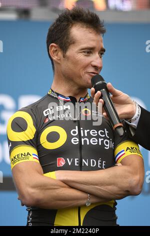 Il francese Thomas Voeckler di Direct Energie ha illustrato durante una presentazione in squadra in vista dell'inizio della 103rd° edizione della gara ciclistica Tour de France, giovedì 30 giugno 2016 a Sainte-Mere-Eglise, Francia. Foto Stock