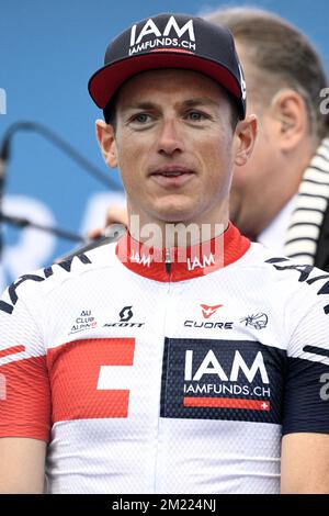 Lo svizzero Mathias Frank della IAM Cycling ha illustrato durante una presentazione di squadra in vista dell'inizio della 103rd° edizione della gara ciclistica Tour de France, giovedì 30 giugno 2016 a Sainte-Mere-Eglise, Francia. Il Tour de France di quest'anno si svolge dal 2nd al 24rth luglio. FOTO DI BELGA YORICK JANSENS Foto Stock