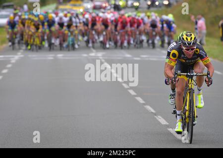 Il francese Thomas Voeckler di Direct Energie ha ritratto in azione durante la terza tappa della 103rd edizione del Tour de France, a 223,5 km da Granville ad Angers, lunedì 04 luglio 2016, Francia. Foto Stock