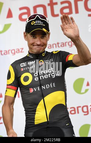 Il francese Thomas Voeckler di Direct Energie ha illustrato dopo la terza tappa della 103rd° edizione della gara ciclistica Tour de France, a 223,5 km da Granville ad Angers, lunedì 04 luglio 2016, Francia. Foto Stock