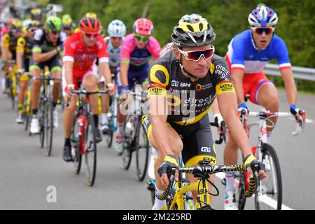 Il francese Thomas Voeckler di Direct Energie ha ritratto in azione durante la terza tappa della 103rd edizione del Tour de France, a 223,5 km da Granville ad Angers, lunedì 04 luglio 2016, Francia. Foto Stock