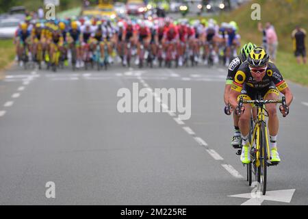 Il francese Thomas Voeckler di Direct Energie ha ritratto in azione durante la terza tappa della 103rd edizione del Tour de France, a 223,5 km da Granville ad Angers, lunedì 04 luglio 2016, Francia. Foto Stock