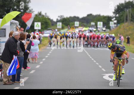 Il francese Thomas Voeckler di Direct Energie ha ritratto in azione durante la terza tappa della 103rd edizione del Tour de France, a 223,5 km da Granville ad Angers, lunedì 04 luglio 2016, Francia. Foto Stock