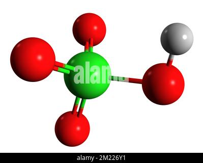 3D immagine della formula scheletrica dell'acido perclorico - struttura chimica molecolare dell'acido iperclorico isolato su sfondo bianco Foto Stock