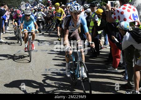 Italiano Fabio Aru del Pro Team Astana, britannico Chris Froome del Team Sky e francese Romain Bardet del AG2R la Mondiale nella foto durante la dodicesima tappa della 103rd edizione del Tour de France, 162,5 km da Montpellier a Mont Ventoux, Francia, giovedì 14 luglio 2016. Foto Stock