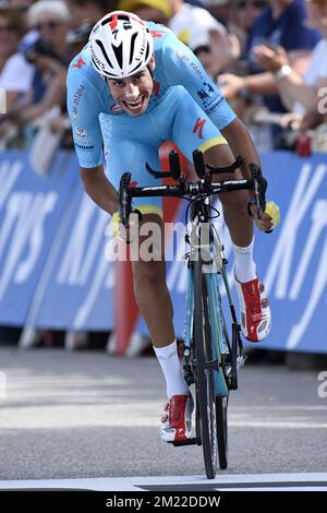 L'italiano Fabio Aru del Pro Team Astana nella foto, durante l'arrivo della diciottesima tappa all'edizione 103rd del Tour de France, un crono di 17km volte da Sallanches a Megeve, Francia, giovedì 21 luglio 2016. Foto Stock