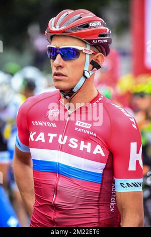 Il russo Viacheslav Kuznetsov del Team Katusha nella foto precede la prima tappa del Tour De Wallonie, a 178,3 km da Charleroi a Mettet, sabato 23 luglio 2016. Foto Stock