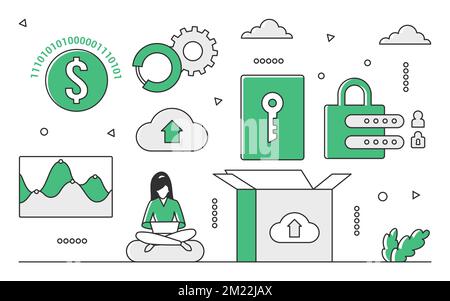 Accesso sicuro. Memorizzazione di informazioni riservate, illustrazione del monocolor del vettore per la privacy dei dati Illustrazione Vettoriale