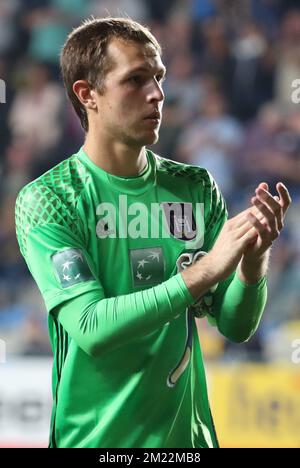 Davy Roef, portiere di Anderlecht, ha illustrato dopo la partita della Jupiler Pro League tra Sint-Truiden VV e RSC Anderlecht, a Sint-Truiden, venerdì 12 agosto 2016, il terzo giorno del campionato di calcio belga. BELGA PHOTO VIRGINIE LEFOUR Foto Stock