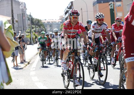 Il belga Maxime Monfort di Lotto Soudal nella foto alla terza tappa della 71st° edizione della gara ciclistica Vuelta, a 176,4 km da Marin a Dumbria, Spagna, lunedì 22 agosto 2016. Foto Stock