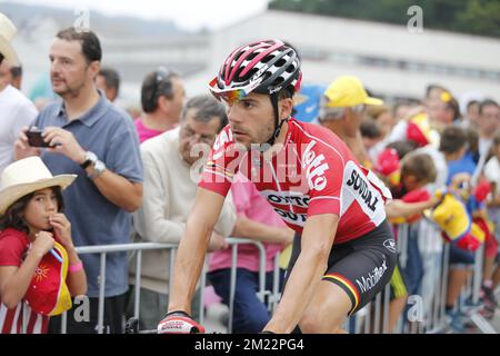 Il belga Maxime Monfort di Lotto Soudal nella foto durante la quinta tappa della 71st° edizione della gara ciclistica Vuelta, a 171,3 km da Viveiro a Lugo, Spagna, mercoledì 24 agosto 2016. Foto Stock