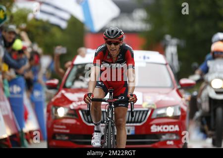 Il belga Dylan Teuns del BMC Racing Team ha ritratto in azione durante la nona tappa della 71st° edizione della gara ciclistica Vuelta, a 164,5 km da Cistierna a Oviedo, Spagna, domenica 28 agosto 2016. Foto Stock