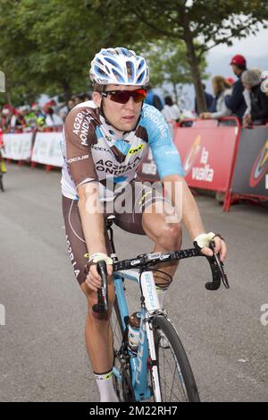 Il belga Jan Bakelants del AG2R la Mondiale ha ritratto in azione durante la nona tappa della 71st edizione della gara ciclistica Vuelta, a 164,5 km da Cistierna a Oviedo, Spagna, domenica 28 agosto 2016. Foto Stock