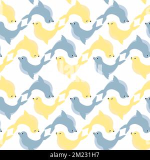 Modello vettoriale senza cuciture con Seal.Underwater Cartoon Creatures.Marine background.cute motivo oceano per tessuto, abbigliamento per bambini, tessuti, wrapping Illustrazione Vettoriale