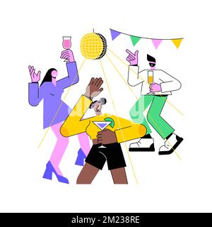 Cocktail party illustrazioni vettoriali isolate di cartoni animati. Gruppo di giovani che ballano e bevono cocktail durante la festa, attività notturna, tempo libero con gli amici al cartone animato del vettore del nightclub. Illustrazione Vettoriale