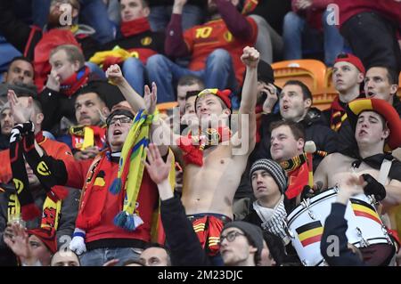 I tifosi belgi hanno mostrato prima dell'inizio di una partita amichevole della nazionale belga di calcio Red Devils contro i Paesi Bassi, mercoledì 09 novembre 2016, ad Amsterdam, Paesi Bassi. FOTO DI BELGA DIRK WAEM Foto Stock