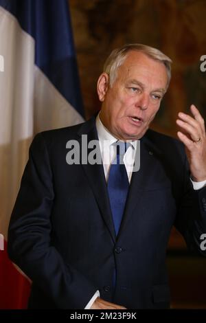 Il ministro degli Esteri francese Jean-Marc Ayrault ha illustrato nel corso di un incontro tra il ministro degli Esteri belga Reynders e il suo omologo francese Ayrault, martedì 15 novembre 2016, al Palazzo Egmont di Bruxelles. Foto Stock