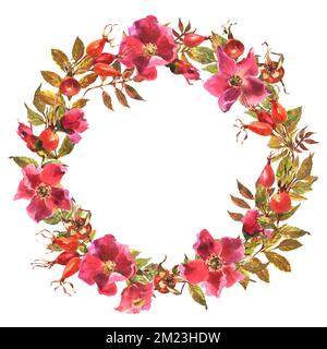 Wreath rosa acquerello. Fiori, foglie e frutti di rose selvatiche. Briar, acquerello per decorazione. Illustrazione acquerello isolata su w Foto Stock