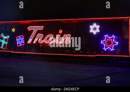 La gente guarda l'arrivo del treno canadese Pacifico ora di Natale, l'illuminazione al neon sulle vetture del treno. Il Train organizza un concerto di beneficenza per vari tipi di carattere Foto Stock