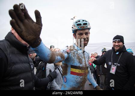 Belgian world champion Wout Van Aert pictured after winning the elite men's race in the worlds championships cyclocross this week-end in Bieles, Luxembourg, Sunday 29 January 2017. BELGA PHOTO POOL TORNANTI Foto Stock