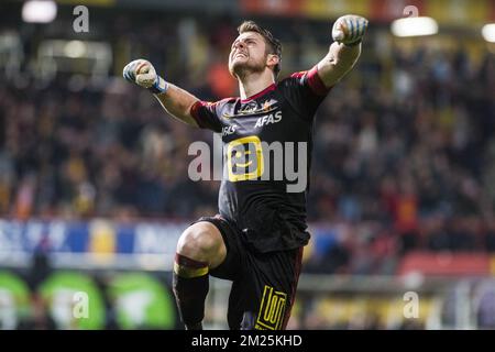 Il portiere di Mechelen, Colin Coosemans, festeggia dopo aver vinto la partita della Jupiler Pro League tra KV Mechelen e RSC Anderlecht, a Mechelen, sabato 04 marzo 2017, il giorno 29 del campionato di calcio belga. FOTO DI BELGA LAURIE DIEFFEMBACQ Foto Stock