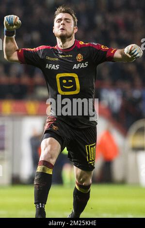 Il portiere di Mechelen, Colin Coosemans, festeggia dopo aver vinto la partita della Jupiler Pro League tra KV Mechelen e RSC Anderlecht, a Mechelen, sabato 04 marzo 2017, il giorno 29 del campionato di calcio belga. FOTO DI BELGA LAURIE DIEFFEMBACQ Foto Stock