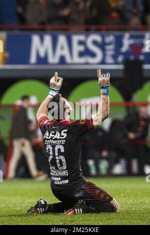 Mechelen's goalkeeper Colin Coosemans celebrates after the Jupiler Pro League match between KV Mechelen and RSC Anderlecht, in Mechelen, Saturday 04 March 2017, on day 29 of the Belgian soccer championship. BELGA PHOTO LAURIE DIEFFEMBACQ Stock Photo