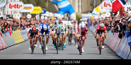 L'italiano Andrea Guardini degli Emirati Arabi Uniti Abu Dhabi, il tedesco Marcel Kittel dei piani Quick-Step, il tedesco Pascal Ackermann di Bora-Hansgrohe, il norvegese Alexander Kristoff di Katusha-Alpecin e il belga Edward Theuns di Trek-Segafredo sprint per il traguardo della seconda tappa della Driedaagse De Panne - Koksijde gara ciclistica, 192,9 km da Zottegem a Koksijde, mercoledì 29 marzo 2017. FOTO DI BELGA DAVID STOCKMAN Foto Stock
