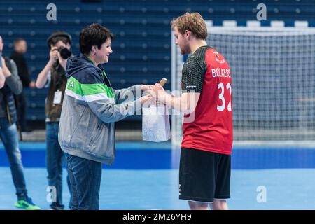 Questa foto, distribuita dall'Unione Handball, mostra la partita di handball tra Lituania e Belgio, un gioco di qualificazione per i Campionati europei, domenica 07 maggio 2017 a Leuven. BELGA FOTO HANDOUT LINAS ZEMGULIS Foto Stock