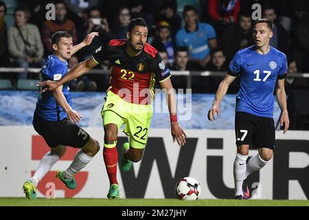 Estonia's Artur Pikk, Belgium's Nacer Chadli and Estonia's Siim Luts pictured in action during a World Cup 2018 qualifying game between Estonia and Belgian national soccer team Red Devils, Friday 09 June 2017, in Tallinn, Estonia. BELGA PHOTO DIRK WAEM Stock Photo