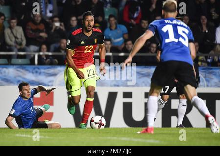 Estonia's Artur Pikk and Belgium's Nacer Chadli pictured in action during a World Cup 2018 qualifying game between Estonia and Belgian national soccer team Red Devils, Friday 09 June 2017, in Tallinn, Estonia. BELGA PHOTO DIRK WAEM Stock Photo