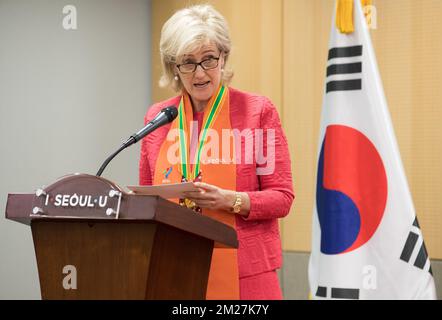 Princess Astrid of Belgium delivers a speech after decorated as Honory Citizen by Seoul's Mayor Soon Park during a meeting with Seoul mayor, in Seoul city hall, on the second day of an economic mission of Belgium's Princess Astrid to South Korea, Monday 12 June 2017. BELGA PHOTO BENOIT DOPPAGNE Stock Photo