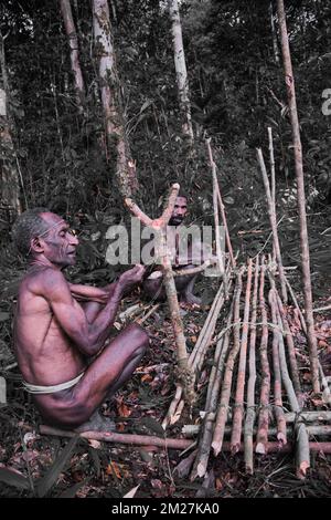 Fare trappole per suini per il popolo Korowai è una tradizione che è stata tramandata di generazione in generazione. Ancora una volta, le materie prime per questo occ Foto Stock